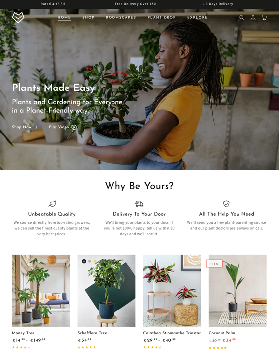 be yours peace shopify theme for selling plants online