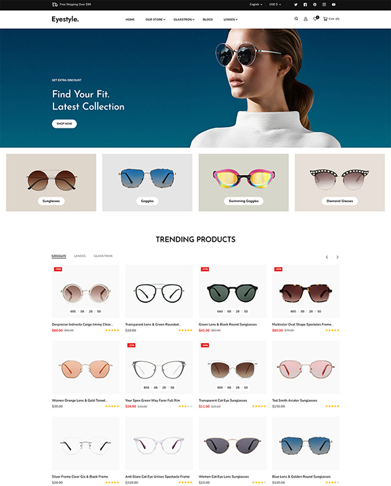 eyestyle sunglasses eyeglasses shopify theme